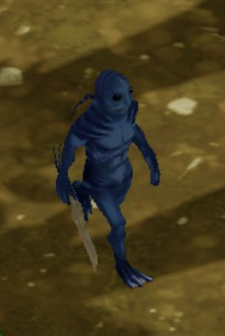 A Blue Fishperson wandering around with a bone knife