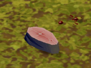 A Raw Fishperson Steak lying on the ground.