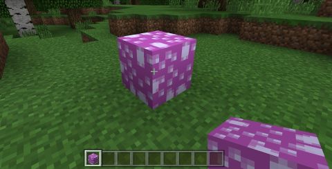 Minecraft 上で、地面に設置された新しいテクスチャの石ブロックのスクリーンショットの画像。